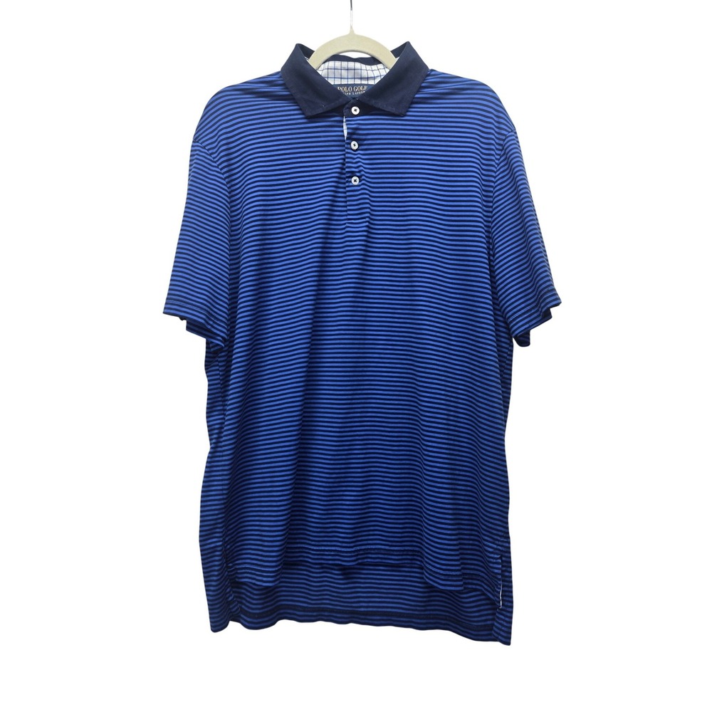 Polo Golf‎ Ralph Lauren Mens Large Blue Striped Cotton Short Sleeve Polo Shirt